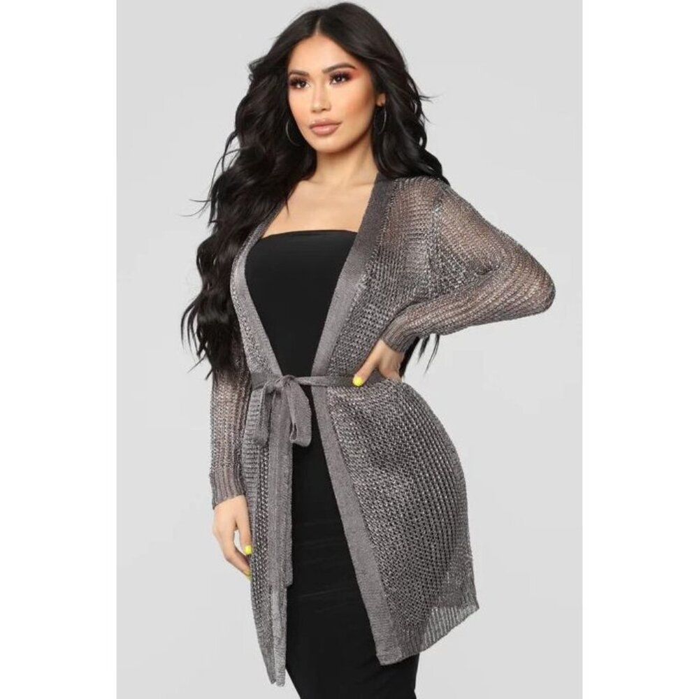 LOVE SENSE Women Metallic Knit Sweater Sz M Silver Gunmetal Renaissance Goth